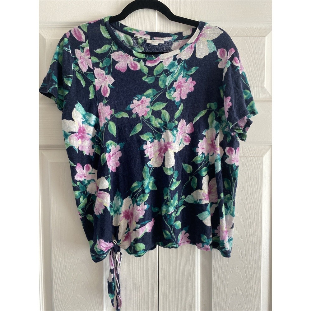 J. Jill Love Linen Tie Front Top Womens Size L Navy Blue Floral Short Sleeve Tee